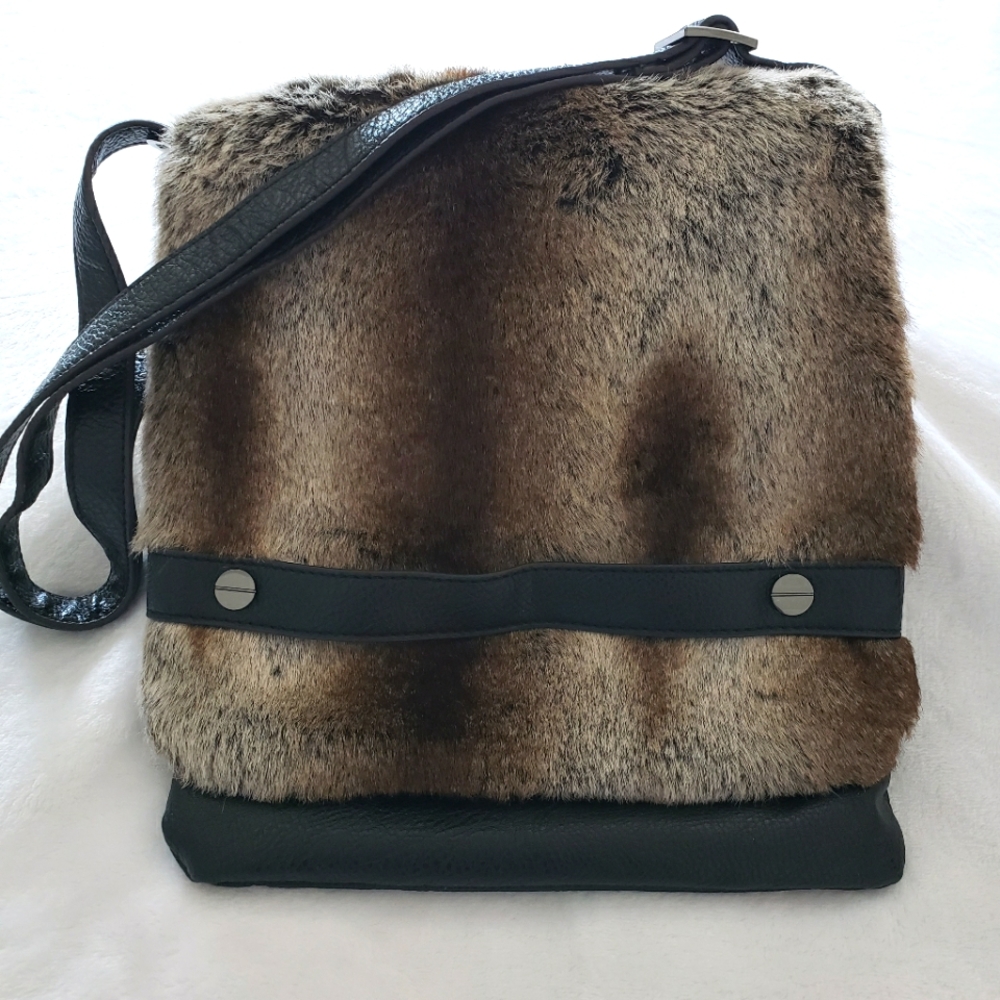 KGB STUDIO Fun Faux Fur & Vegan Leather Crossbody Shoulder Bag--NWOT
